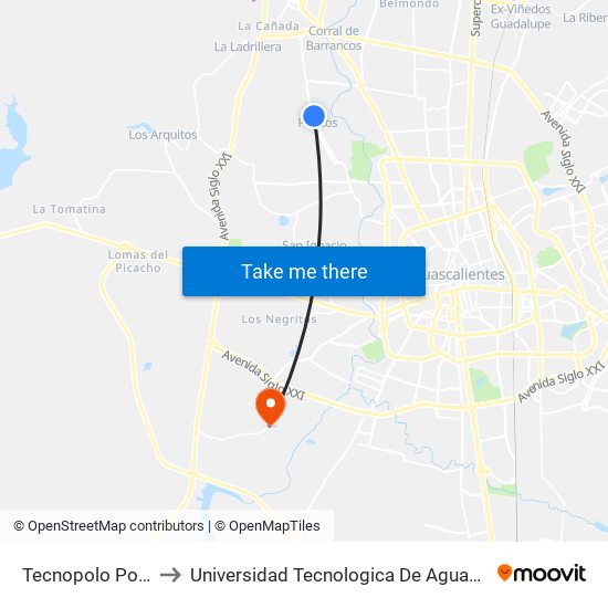 Tecnopolo Pocitos to Universidad Tecnologica De Aguascalientes map