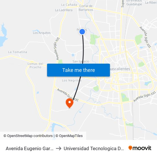 Avenida Eugenio Garza Sada, 603 to Universidad Tecnologica De Aguascalientes map