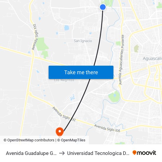 Avenida Guadalupe Gonzalez, 1102 to Universidad Tecnologica De Aguascalientes map