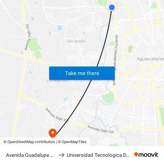 Avenida Guadalupe Gonzalez, 614 to Universidad Tecnologica De Aguascalientes map