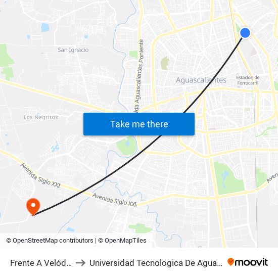 Frente A Velódromo to Universidad Tecnologica De Aguascalientes map