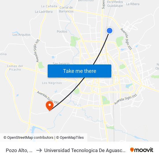 Pozo Alto, 102 to Universidad Tecnologica De Aguascalientes map