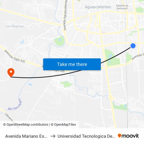 Avenida Mariano Escobedo, 117 to Universidad Tecnologica De Aguascalientes map