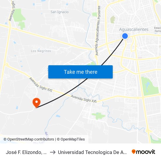 José F. Elizondo, 104-106 to Universidad Tecnologica De Aguascalientes map