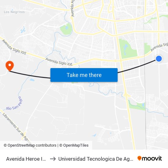 Avenida Heroe Inmortal to Universidad Tecnologica De Aguascalientes map