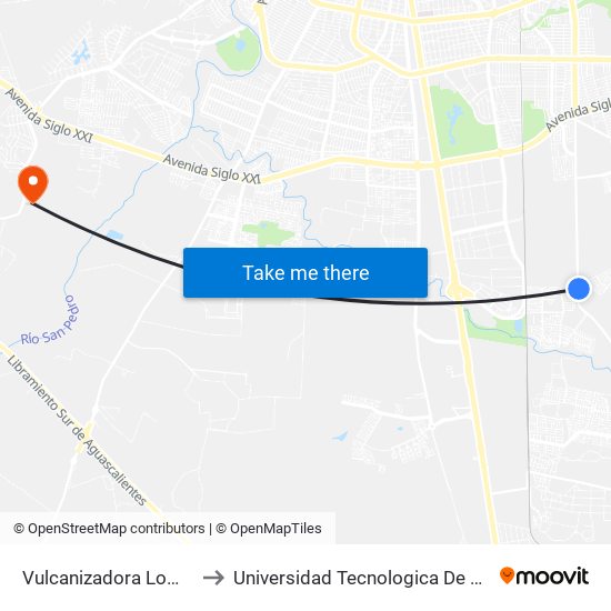 Vulcanizadora Lomas Del Sur to Universidad Tecnologica De Aguascalientes map