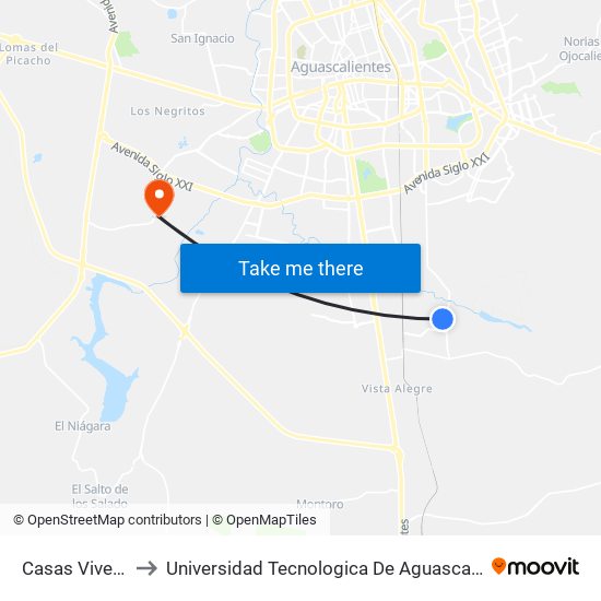 Casas Vive Ica to Universidad Tecnologica De Aguascalientes map