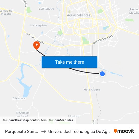 Parquesito San Antonio to Universidad Tecnologica De Aguascalientes map