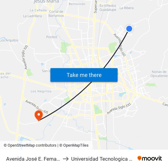 Avenida José E. Femat Gutiérrez, 710 to Universidad Tecnologica De Aguascalientes map