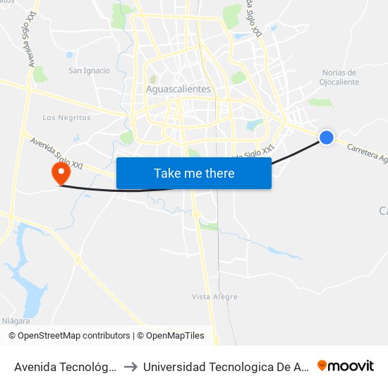 Avenida Tecnológico, 4427 to Universidad Tecnologica De Aguascalientes map
