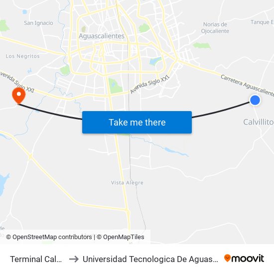 Terminal Calvillito to Universidad Tecnologica De Aguascalientes map