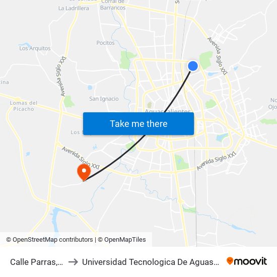 Calle Parras, 101 to Universidad Tecnologica De Aguascalientes map
