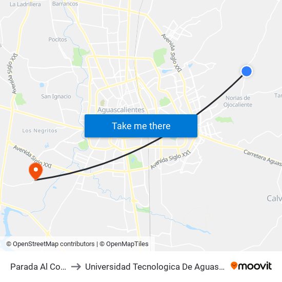 Parada Al Conejal to Universidad Tecnologica De Aguascalientes map