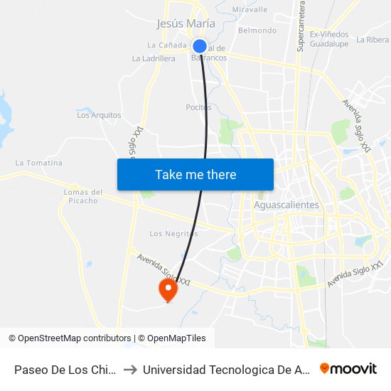Paseo De Los Chicahuales to Universidad Tecnologica De Aguascalientes map