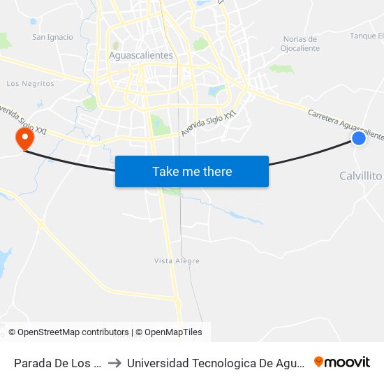 Parada De Los Topes to Universidad Tecnologica De Aguascalientes map