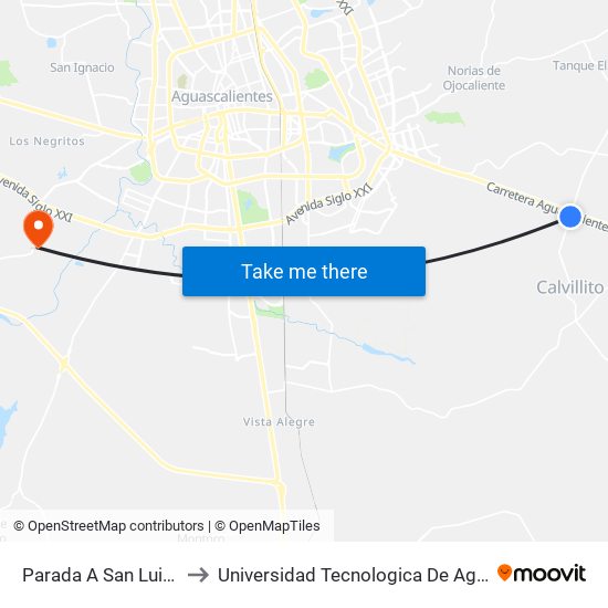 Parada A San Luis Potosi to Universidad Tecnologica De Aguascalientes map