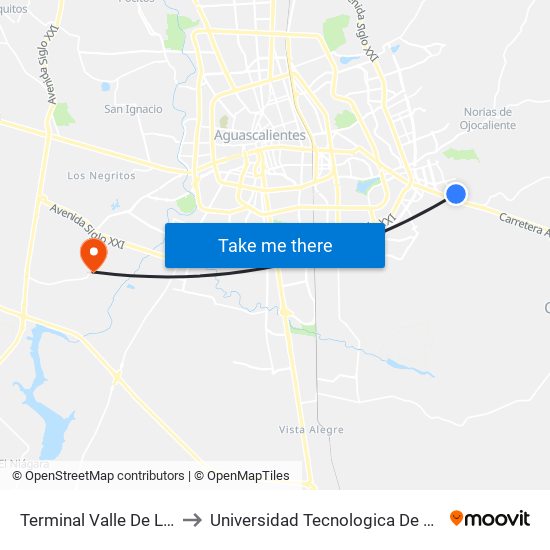 Terminal Valle De Los Cactus to Universidad Tecnologica De Aguascalientes map