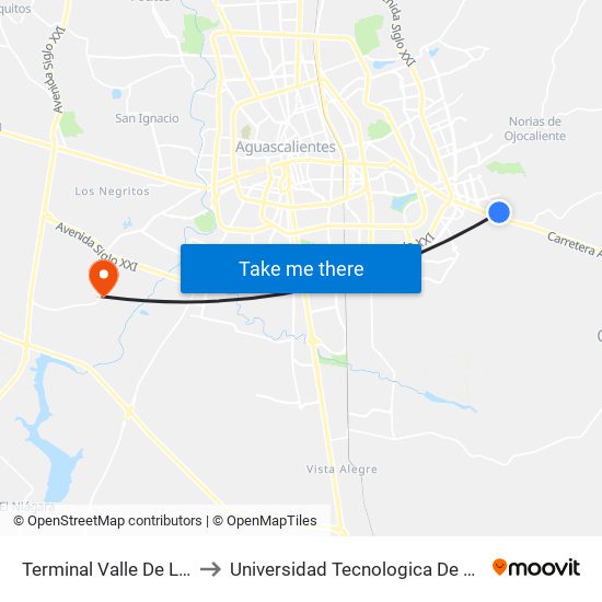 Terminal Valle De Los Cactus to Universidad Tecnologica De Aguascalientes map