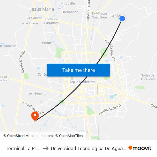 Terminal La Ribera 1 to Universidad Tecnologica De Aguascalientes map