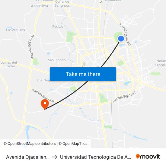Avenida Ojacaliente, 1005 to Universidad Tecnologica De Aguascalientes map