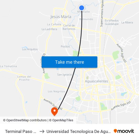 Terminal Paso Blanco to Universidad Tecnologica De Aguascalientes map