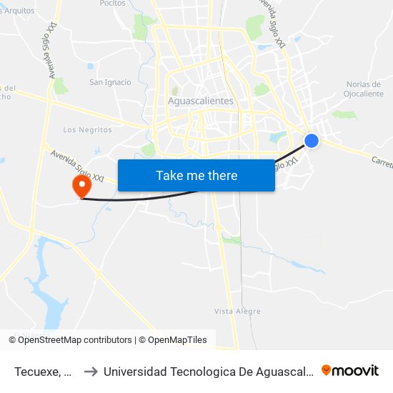 Tecuexe, 101 to Universidad Tecnologica De Aguascalientes map