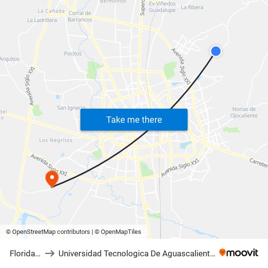 Florida II to Universidad Tecnologica De Aguascalientes map