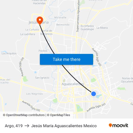 Argo, 419 to Jesús María Aguascalientes Mexico map