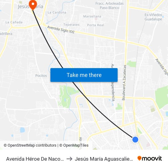 Avenida Héroe De Nacozari, 1107a to Jesús María Aguascalientes Mexico map