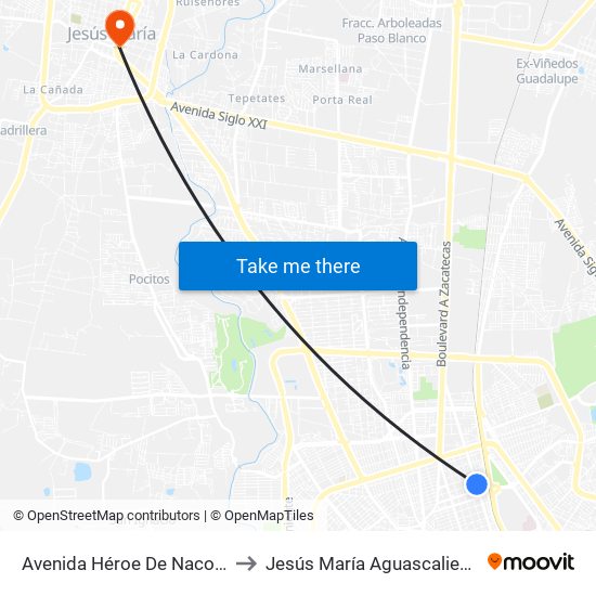 Avenida Héroe De Nacozari, 1415b to Jesús María Aguascalientes Mexico map