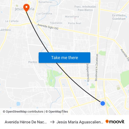 Avenida Héroe De Nacozari, 1602 to Jesús María Aguascalientes Mexico map