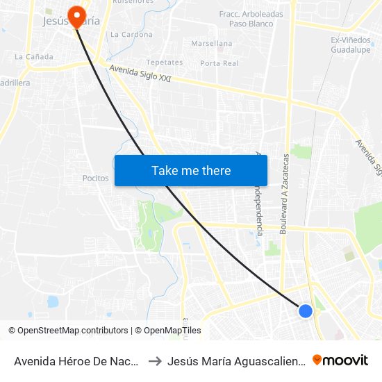 Avenida Héroe De Nacozari, 1414 to Jesús María Aguascalientes Mexico map