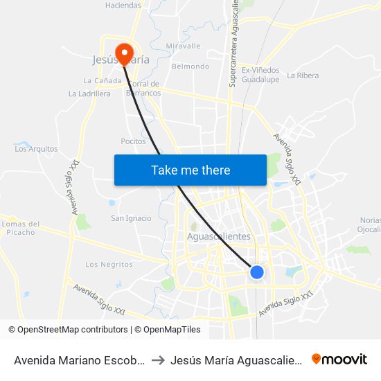 Avenida Mariano Escobedo, 1503a to Jesús María Aguascalientes Mexico map