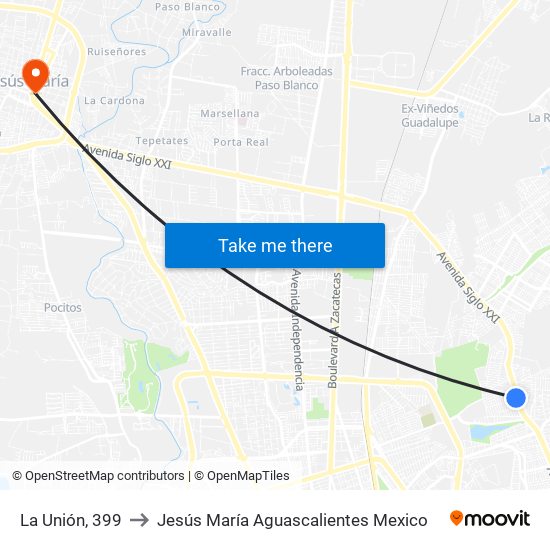 La Unión, 399 to Jesús María Aguascalientes Mexico map