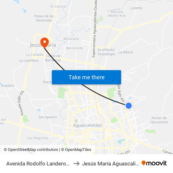 Avenida Rodolfo Landeros Gallegos, 626 to Jesús María Aguascalientes Mexico map