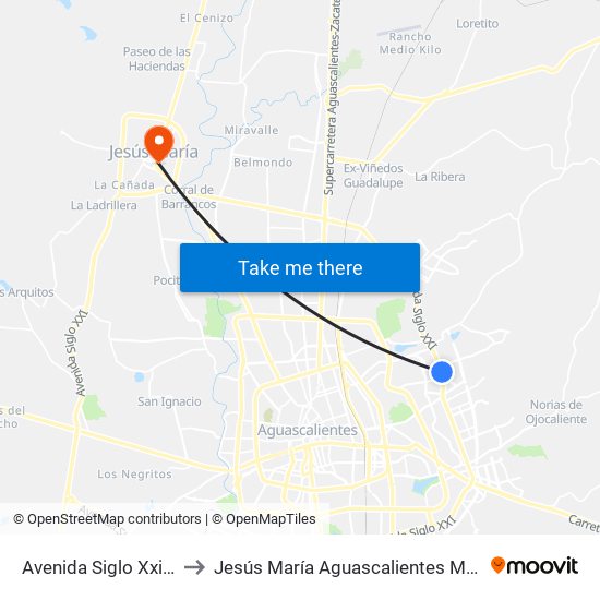 Avenida Siglo Xxi, Lb to Jesús María Aguascalientes Mexico map