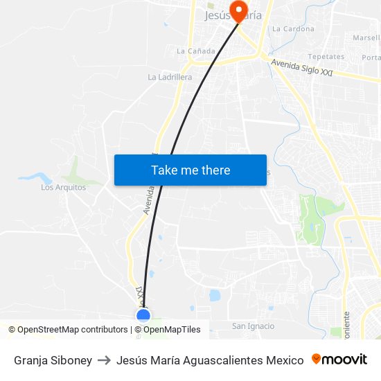 Granja Siboney to Jesús María Aguascalientes Mexico map