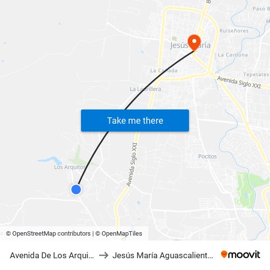 Avenida De Los Arquitos, 113 to Jesús María Aguascalientes Mexico map