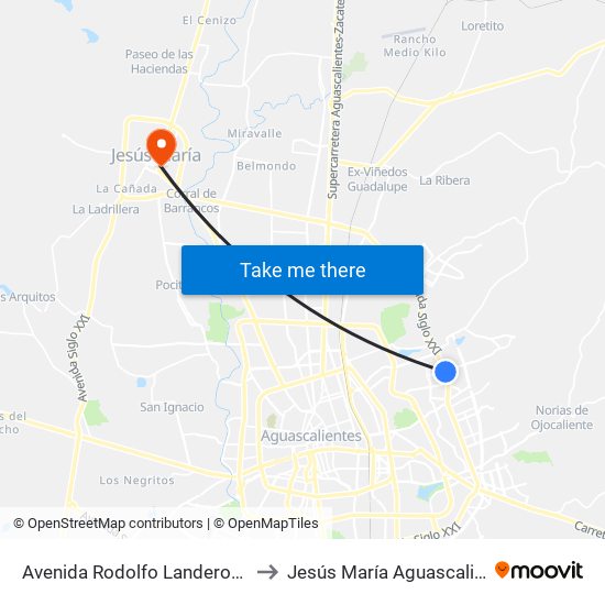 Avenida Rodolfo Landeros Gallegos, 503 to Jesús María Aguascalientes Mexico map