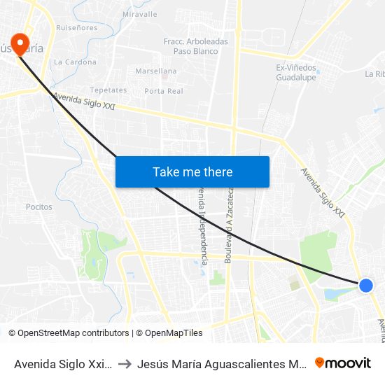 Avenida Siglo Xxi, Lb to Jesús María Aguascalientes Mexico map