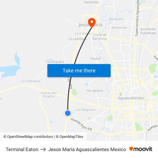 Terminal Eaton to Jesús María Aguascalientes Mexico map
