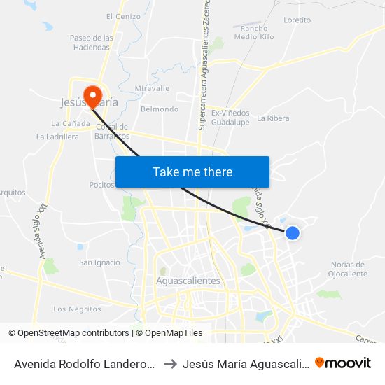 Avenida Rodolfo Landeros Gallegos, 107 to Jesús María Aguascalientes Mexico map