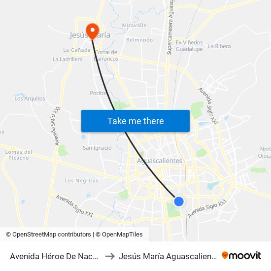 Avenida Héroe De Nacozari, 2301 to Jesús María Aguascalientes Mexico map