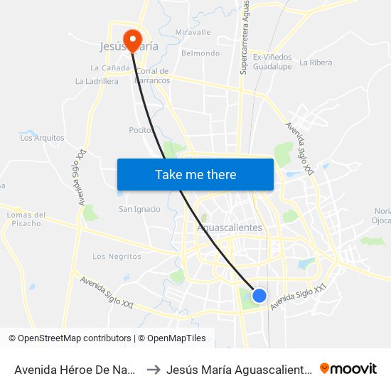 Avenida Héroe De Nacozari, 12 to Jesús María Aguascalientes Mexico map