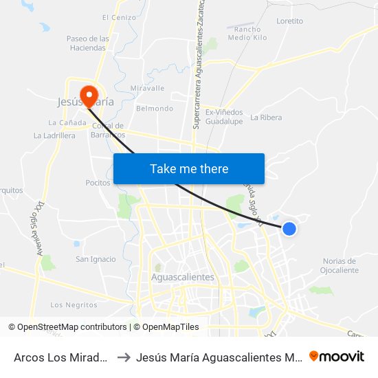 Arcos Los Miradores to Jesús María Aguascalientes Mexico map