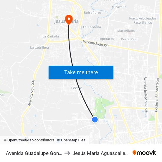 Avenida Guadalupe Gonzalez, 1102 to Jesús María Aguascalientes Mexico map