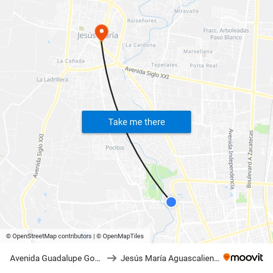 Avenida Guadalupe Gonzalez, 614 to Jesús María Aguascalientes Mexico map