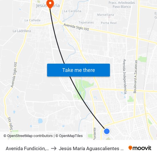 Avenida Fundición, 908 to Jesús María Aguascalientes Mexico map