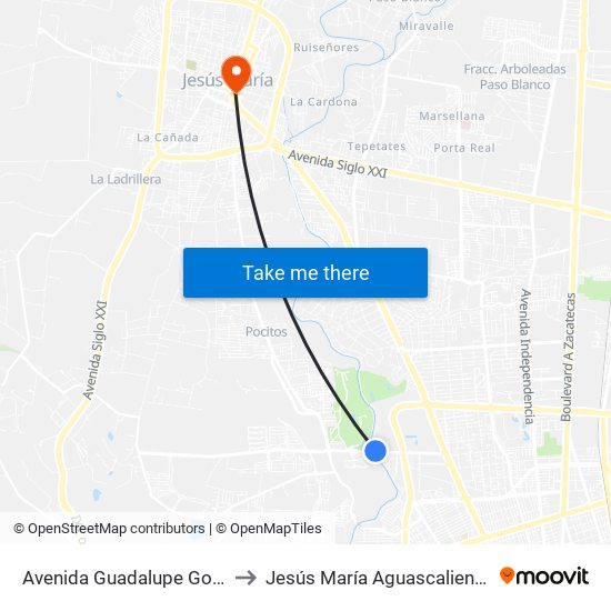 Avenida Guadalupe Gonzalez, 99 to Jesús María Aguascalientes Mexico map