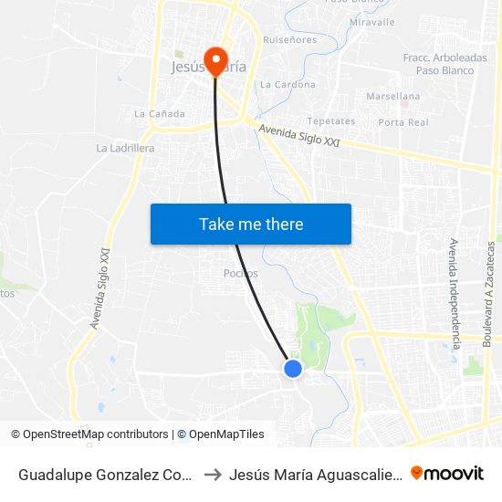 Guadalupe Gonzalez Con Garza Sada to Jesús María Aguascalientes Mexico map